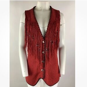 Vintage Carolyn Eve Sz M Chunky Knit Fringe Beaded Sweater Vest Red Buttoned